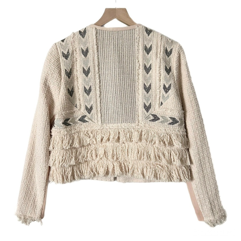Rebecca Taylor Tweed Embroidered Fringe Blazer Jacket in Cream Pale Pink Size 10 - Picture 4 of 6